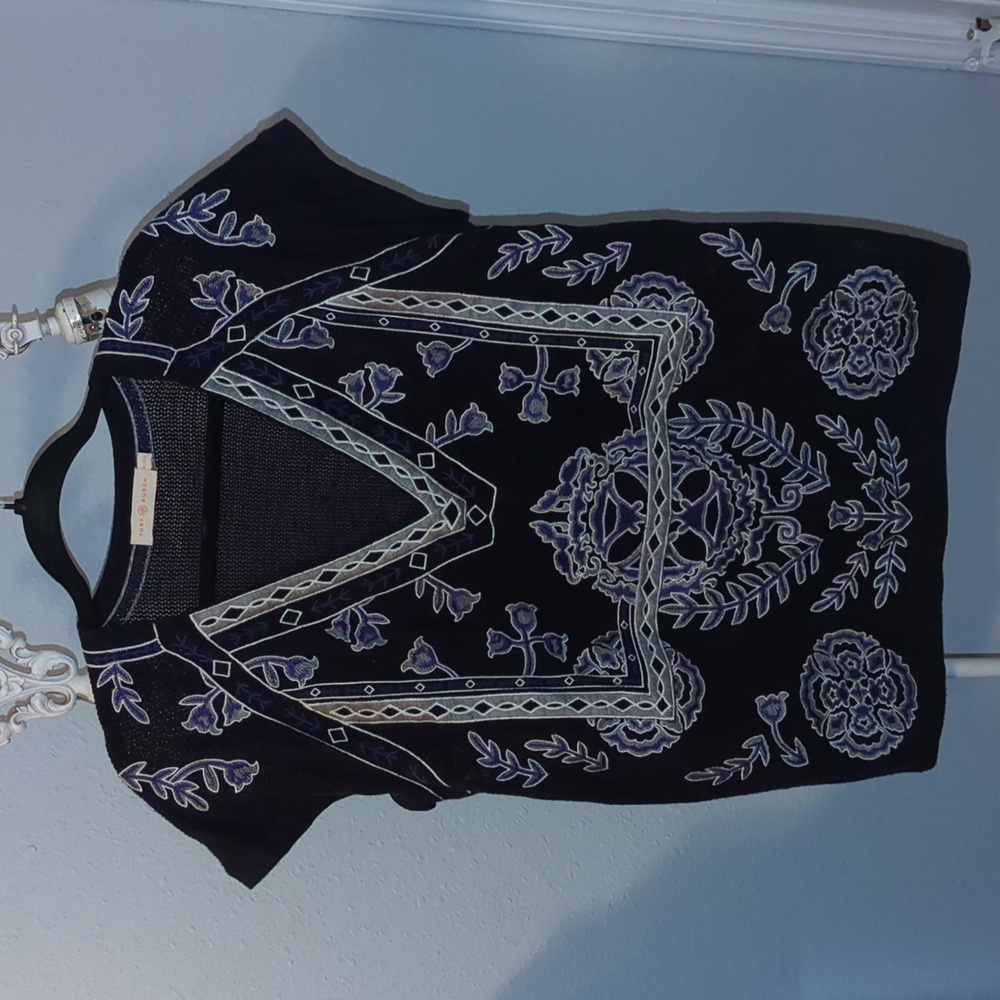 Tory Burch Embroidered Wool Short Sleeve Sweater